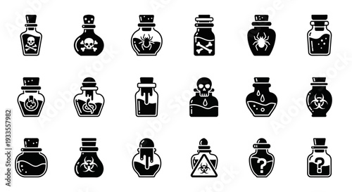 Collection of mysterious bottles with various symbols and icons displayed on a clean white background