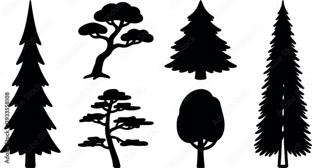 Obraz premium Minimalist vector tree silhouettes showing tall fir spruce pine and rounded deciduous shapes in flat black side view center composition isolated