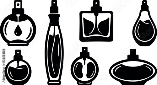 Flat design vector perfume bottle set seven silhouettes top view and front view assorted shapes studio lighting elegant minimal black