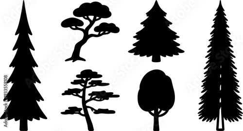 Minimalist vector tree silhouettes showing tall fir spruce pine and rounded deciduous shapes in flat black side view center composition isolated