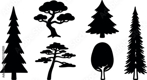 Minimalist vector pine and stylized tree silhouettes set six variations side view isolated black shapes for design logo mockup background