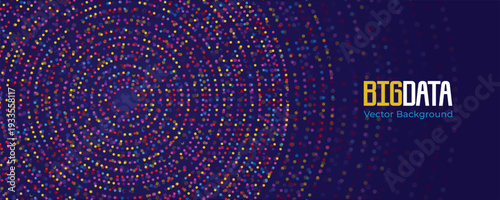 A vibrant digital illustration of a big data vector background with a swirling pattern of colorful dots on a dark blue gradient