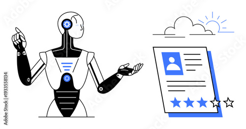 Robot analyzing a resume document with a star rating, set near clouds and sun imagery. Ideal for recruitment, AI, automation, innovation, career development, technology futuristic concepts. Simple