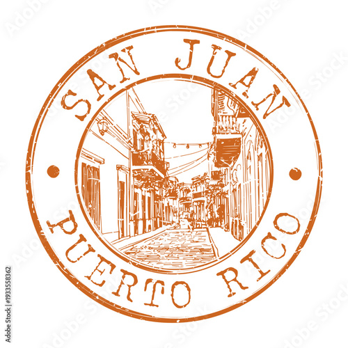 Vintage San Juan Puerto Rico badge featuring the historic cobblestone streets and colonial facades