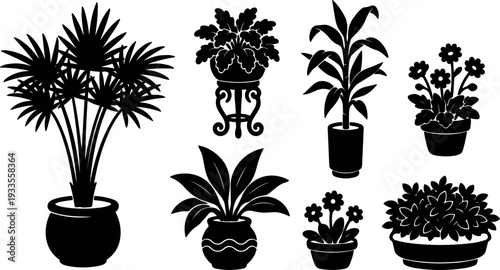 Silhouette vector flat design assortment of potted house plants viewed close up with varied leaf shapes and pots minimal black