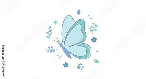 A delightful light blue butterfly with delicate wings is surrounded by small blue flowers, green leaves, and subtle decorative dots on a white background.