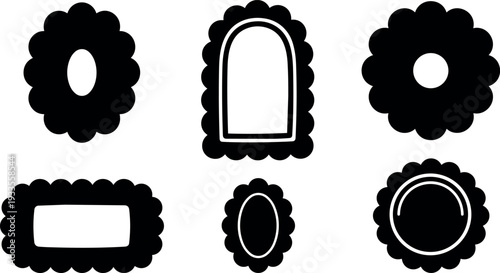 Flat design scalloped label frames set six decorative vector badges in black silhouettes various oval round and rectangular shapes editable