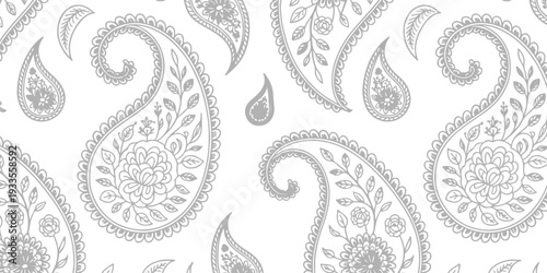 Seamless Gray Paisley Pattern Floral Background With Elegant Ornamental Swirls and Leaves.