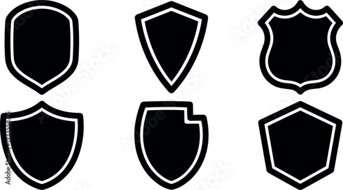 Flat design shield badge icons set six variations frontal view simple black and white security emblem vector pack clean outline