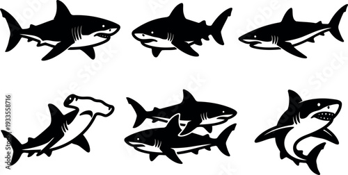 Minimalist vector shark silhouettes set six poses side view hammerhead and great white swimming group compact badge style flat design