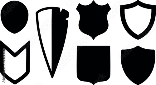 Flat design close up shield icon set eight black silhouette vector shapes isolated on white background minimalist varied contours collection