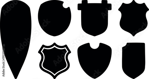 Flat design assortment of shield badge silhouettes front view isolated on white background close up minimal vector art