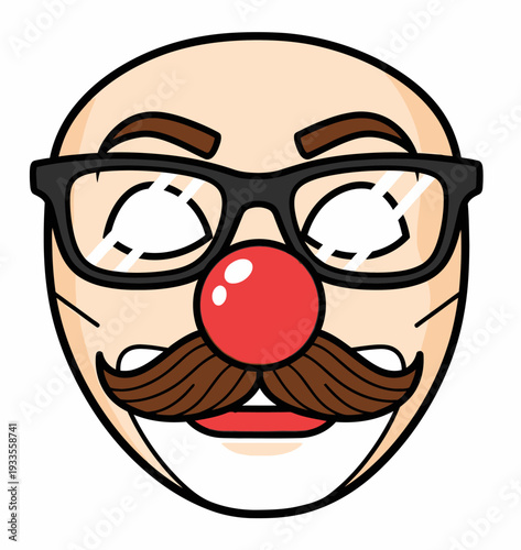 A cartoon illustration of a bald face mask with black glasses, a red clown nose, and a brown mustache, representing a humorous disguise.