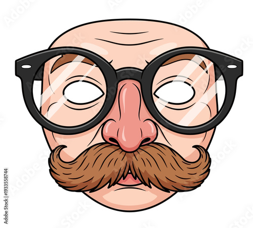 A cartoon disguise mask featuring glasses, nose, and mustache on a bald head.
