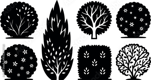 Flat design top view and frontal shrub and bush silhouettes eight ornamental hedges in simple black vector set icons collection
