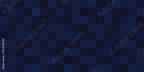 A dark blue pixelated background with a grid of small squares in various shades of blue