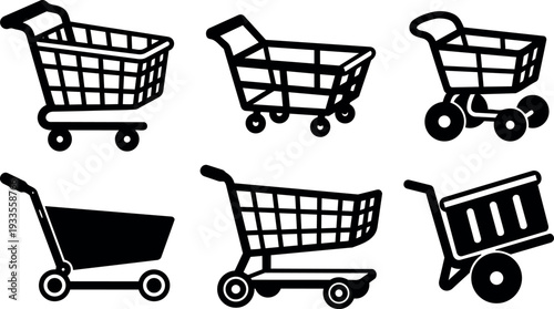 Flat design shopping cart and trolley icon set six views close up black silhouettes on white background vector illustration minimal