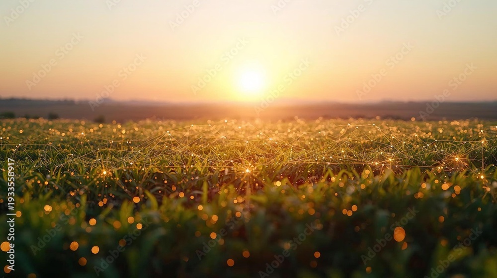 Fototapeta premium Smart Agriculture Technology with Digital Network over Farmland at Sunrise