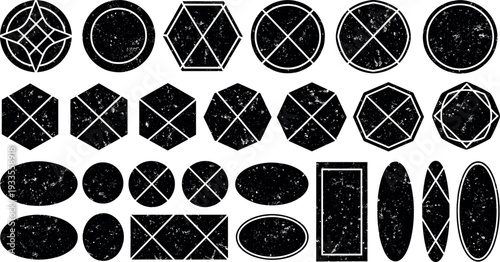 Distressed Geometric Badge and Frame Collection Featuring Grunge Circles, Hexagons, Ovals, and Textured Stamp Shapes for Vintage Logo Design
