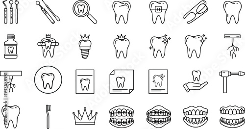 Dental Care and Orthodontic Line Icon Set Featuring Teeth, Braces, Implants, Tools, and Oral Hygiene Symbols for Medical Design Projects