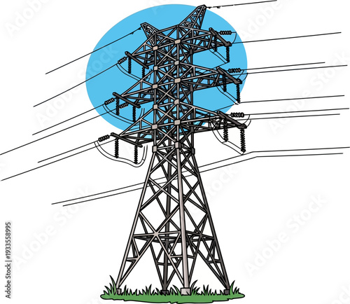 A detailed illustration of a tall metal electricity pylon supporting multiple high-voltage power lines against a blue background, standing on green grass.