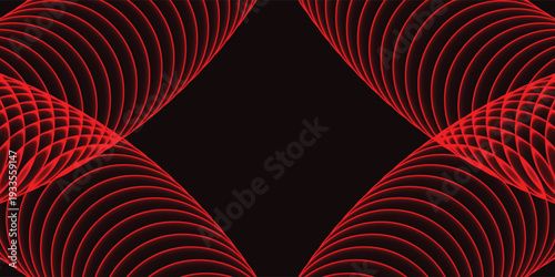 A vibrant red abstract design with swirling patterns on a black background