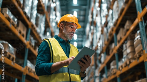 Smart warehouse worker using tablet with AI inventory system