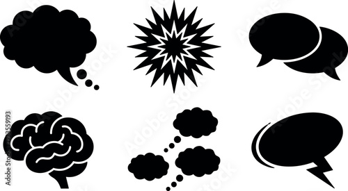 Flat design close up speech and thought bubble icon set with brain symbol chat balloons in bold silhouette simple style