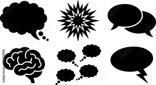 Flat design speech and thought bubble icon set with brain symbol comic burst and lightning callout for communication concept silhouette