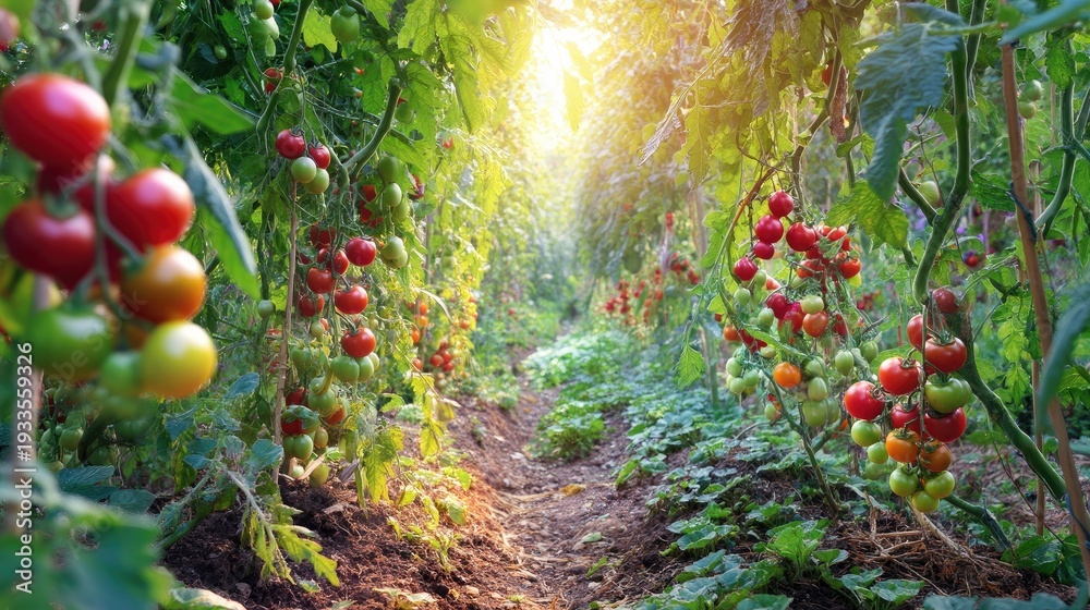 Fototapeta premium Lush Vegetable Garden Pathway with Ripe Red Tomatoes Under Soft Sunlight Illuminating Rows of Healthy Green Plants
