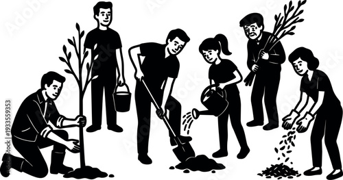 Minimalist silhouette vector group planting trees with shovel and watering can smiling volunteers in community garden midday flat lighting peaceful