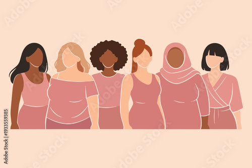 Flat vector illustration of diverse women standing together in soft pink color palette.