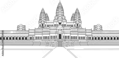 Black and white line art illustration of the Angkor Wat temple complex architectural landmark in Siem Reap Cambodia
