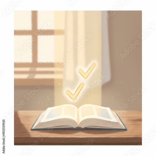 Open book with glowing check marks under spotlight, representing verified concept, confirmed definition and accurate wording validation metaphor