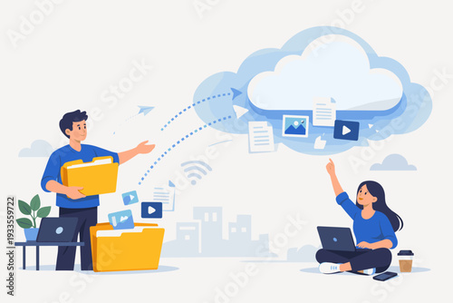 Cloud Storage and Data Transfer Concept Illustration with People Sharing Digital Files and Folders Online, Remote Collaboration and Document Management System for Business and Technology Vector