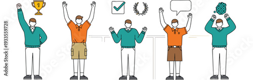 Flat vector illustration of professional characters celebrating success with trophies laurel wreaths checkmarks and triumphant victory gestures