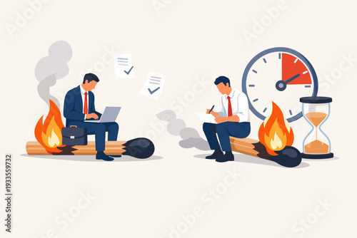 Businessmen Sitting on Burning Matches Symbolizing Approaching Deadlines, High Stress, and Work Pressure. Time Management Concept with Clock, Hourglass, and Burning Matchstick Vector Illustration.