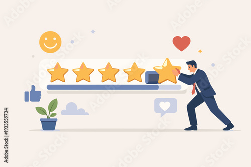 Illustration of a businessman pushing a fifth star into a rating bar, symbolizing positive customer feedback, high service quality, user satisfaction, and reputation management in business.