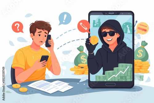 Financial fraud and cybercrime concept with a hacker in a hoodie stealing money from a worried victim via a phone scam, featuring a smartphone screen, money bags, and stacks of gold coins.
