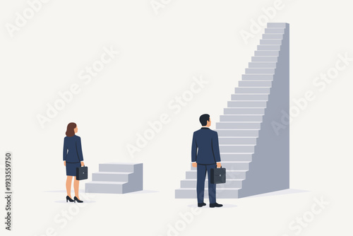 Gender Inequality and Unfair Competition Concept with Businessman and Businesswoman Standing in Front of Different Stairs Representing Career Growth, Glass Ceiling, and Professional Gap.