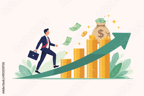 Businessman in suit walking up a rising green arrow towards stacks of gold coins and a money bag, representing financial growth, career success, salary increase, and investment profit concept.