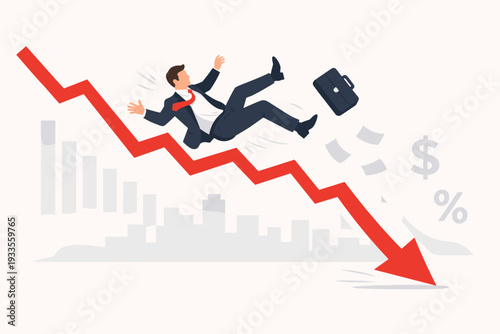 Businessman Falling Down with a Red Arrow Representing Economic Recession, Stock Market Crash, Financial Crisis, Business Failure, Investment Loss, and Global Economic Depression Concept Vector
