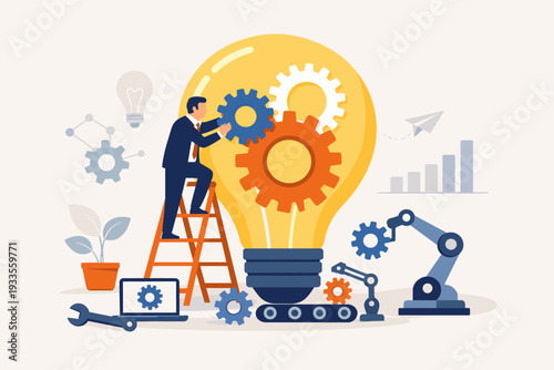 Innovation and technology creation concept with businessman building a giant lightbulb using gears, robotic arms, and digital tools to develop new business solutions and creative products.