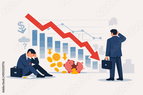 Businessmen facing investment losses and stock market crash concept with a red downward arrow, broken piggy bank, and falling coins representing financial crisis, bankruptcy, and economic failure.