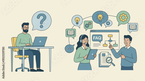 Customer Support Service Concept with Man Asking Question on Laptop and Support Team Providing Solutions, FAQ, and Technical Assistance. Vector Illustration for Help Desk and User Guide.