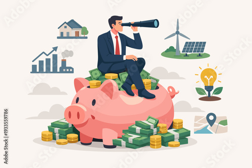 Businessman Sitting on a Piggy Bank Full of Money Looking Through a Telescope for Future Investment Opportunities in Real Estate, Green Energy, Stock Market Growth, and Innovative Business Ideas
