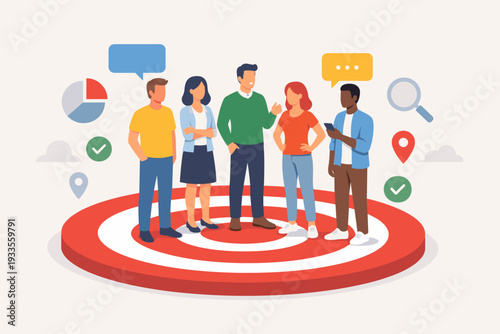 Diverse Group of People Standing on a Large Bullseye Target for Market Research, Focus Group Members, Target Audience Identification, Consumer Behavior Analysis, and Public Opinion Survey Concept.