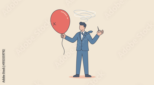 Stress Management Concept with Businessman Holding a Red Balloon and Needle to Pop Anxiety. Illustration of Mental Health, Emotional Regulation, Mindfulness, and Relief from Work Pressure.