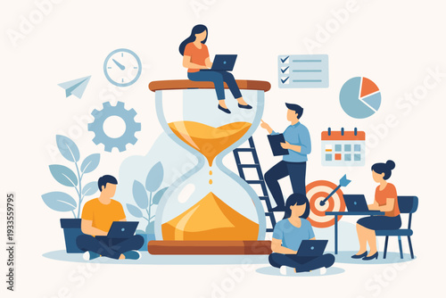 Team of Professionals Working Together Around a Large Hourglass for Effective Time Management, Productivity, and Deadline Tracking with Laptops and Business Tools Flat Vector Illustration