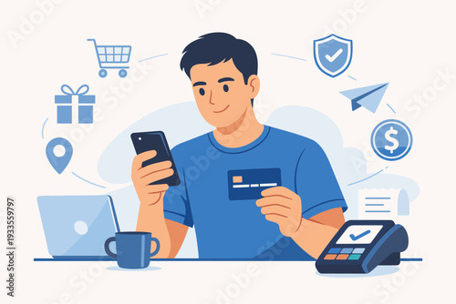 Man using smartphone and credit card for online shopping and secure digital payments. Flat vector illustration of mobile banking, e-commerce, internet purchasing, and electronic transaction.